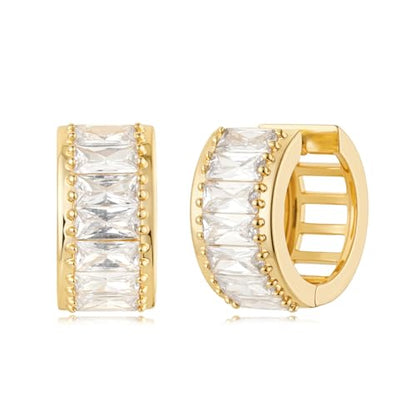 Women Gold Earrings Huggie Hoop Cubic Zirconia 14K Gold Plated Small Simple Hypoallergenic Everyday Jewelry - style: Baguette