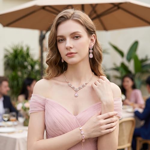 Paxuan Silver/Gold Rhinestone Crystal Wedding Bridal Bridesmaids Earrings Bracelet Set for Women Brides Bridesmaids Crystal Rhinestone Bracelet Earrings Set for Wedding Bridal Prom Pageant - color: Pink