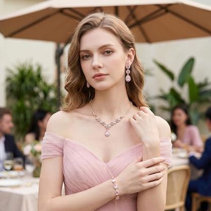 Paxuan Silver/Gold Rhinestone Crystal Wedding Bridal Bridesmaids Earrings Bracelet Set for Women Brides Bridesmaids Crystal Rhinestone Bracelet Earrings Set for Wedding Bridal Prom Pageant - color: Pink