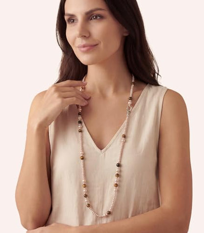 Long Beaded Necklaces for Women Pearl Stone Bead Strand - Layered Sweater Chain Elegant Mother's Day Jewelry Gifts - color: Champagne