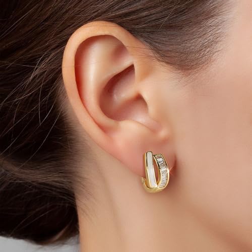 Gold Silver Huggie Hoop Earrings for Women 18K Gold & Sterling Silver Plated Cubic Zirconia Hoop Earrings Double Hoops Earrings Hypoallergenic Non Tarnish Earings Jewelry Gift - color: Gold-B