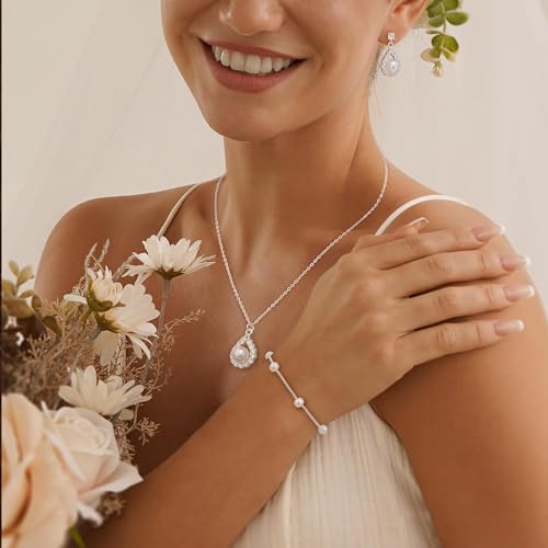 Jewelry Sets for Women,Dainty 14k Gold Plated Pearl Earrings Necklace Bracelet Fashion Silver Bridal Jewelry accessories SimpleWedding Jewelry Sets for Brides - color: silver