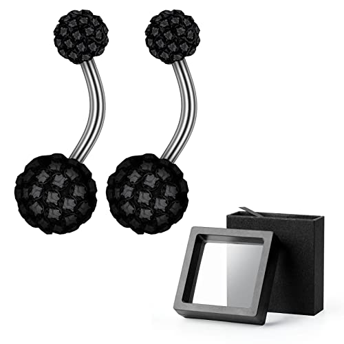 2-Piece 14G Belly Button Rings, Rhinestone Disco Balls | Hypoallergenic stainless steel with 5mm top and 8mm bottom rhinestone balls, gift-boxed navel piercing jewelry for women - color: Black