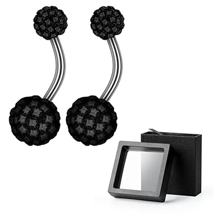 2-Piece 14G Belly Button Rings, Rhinestone Disco Balls | Hypoallergenic stainless steel with 5mm top and 8mm bottom rhinestone balls, gift-boxed navel piercing jewelry for women - color: Black