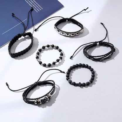 Braided Faux Leather Bracelet Punk Cuff Wrap Bracelets for Men Women Skull,Star,Bull bracelets - color: A4:6PCS
