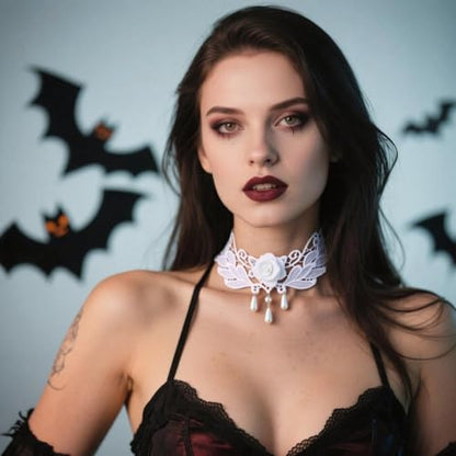 Goth Black Choker Necklace Crystal Bead Pendant Necklace for Women Gothic Velvet Lace Choker Halloween Vampire Witch Cosplay - color: F-White