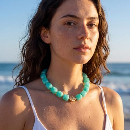 Beaded Necklaces for Women Boho Chunky Necklace Statement Big Resin Bead Choker Fashion Summer Beach Jewelry - color: Lake Blue