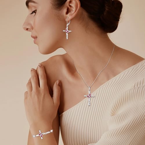 Cross Necklace for Women 925 Sterling Silver Butterfly Necklace Birthstone Pendant Created Gemstone Jewelry Gifts for Women - color: 07 July - Ruby
