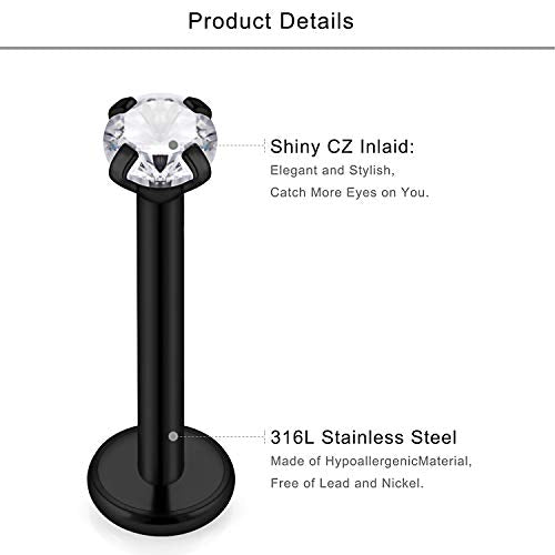 Lcolyoli 8 Pairs Stainless Steel Tragus Earring Clear Diamond CZ Forward Helix Hoop Cartilage Earring Studs Eyebrow Barbell Lip Labret Rings Body Piercing Jewelry Kit for Women Men - color: 16g/16pcs/black