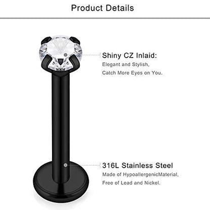Lcolyoli 8 Pairs Stainless Steel Tragus Earring Clear Diamond CZ Forward Helix Hoop Cartilage Earring Studs Eyebrow Barbell Lip Labret Rings Body Piercing Jewelry Kit for Women Men - color: 16g/16pcs/black