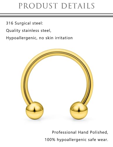 Hoeudjo 16G Septum Rings Stainless Steel Horseshoe Hoop Ring Lip Rings Hoop Smiley Piercing Jewelry for Women Men Diameter 6mm 8mm 10mm 12mm 14mm 16mm - color: goldtone