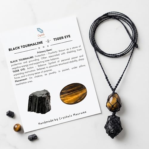 Handmade Black Tourmaline & Tiger Eye Crystal Necklace, Natural Gemstone Macrame Pendant for Men and Women, Protection & Stability Jewelry