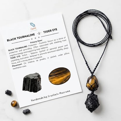 Handmade Black Tourmaline & Tiger Eye Crystal Necklace, Natural Gemstone Macrame Pendant for Men and Women, Protection & Stability Jewelry