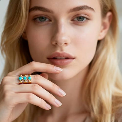 Todenb Turquoise Ring for Women，Gold Western Turquoise Open Ring Boho Stainless Steel Moon and Star Band Wrap Knuckle Rings Western Country Fashion Jewelry Accessories - color: three circle