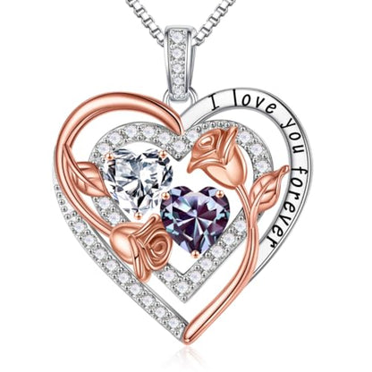 Iefil Heart Birthstone Necklace for Women - Double Birthstone Jewelry | 925 Sterling Silver, Gift Box Packaging, Anniversary Birthday Gifts for Women Wife Mom - color: 04-06-Apr-Jun Birthstone
