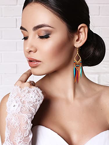 Sumind 6 Pairs Long Beaded Feather Tassel Earrings Boho Dangle Bohemia Handmade Seed Bead Statement Fringe Drop Earrings for Women Girls