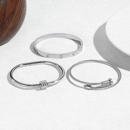Women's Stainless Steel Bracelet Gold Plated Cuff Bangle With Cube Zircon Hinge Jewelry oval Bangle Witness the Gift of Love - color: 6mm Silver 3pcs-A