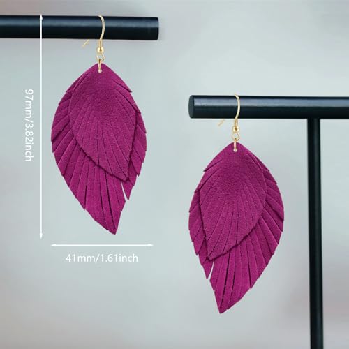Genuine Leather Handmade Fringe Feather Lightweight Dangle Drop Earrings Teardrop Tassel Hook Earrings for Women - style: 7 Rose Red