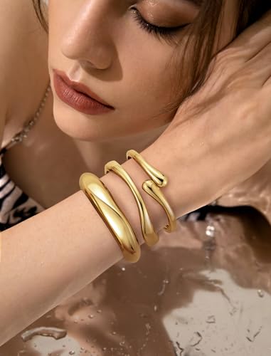 Chunky Gold Bangle Bracelets for Women – 14k Gold Plated | Cuff Bangles, Stackable Bracelet Set, Wide Trendy Fashion, Jewelry Gift - color: 01-Gold-3pcs