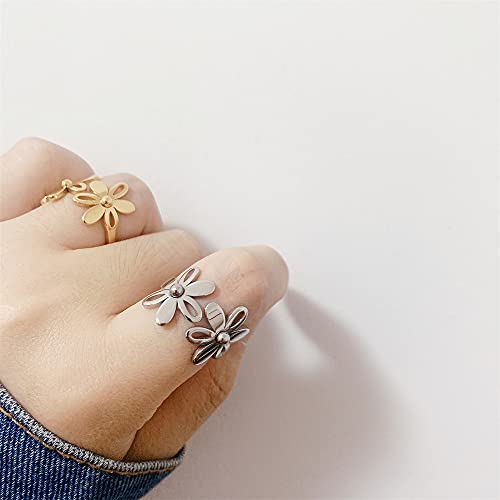 Asymmetric Sunflower Stainless Steel Wrap Open Rings for Women Cute Daisy Flowers Adjustable Statement Promise Engagement Finger Knuckle Rings Fashion Dainty Expandable Rings Christmas Thanksgiving Day Gifts - color: Silver