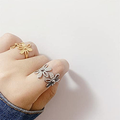 Asymmetric Sunflower Stainless Steel Wrap Open Rings for Women Cute Daisy Flowers Adjustable Statement Promise Engagement Finger Knuckle Rings Fashion Dainty Expandable Rings Christmas Thanksgiving Day Gifts - color: Silver
