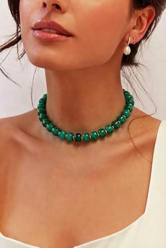 Chunky Beaded Necklace for Women, Colorful Boho Statement Necklace, Gold Chunky Resin Large Bead Necklace, Waterproof Summer Beach Jewelry Gifts for Women - color: Dark Green