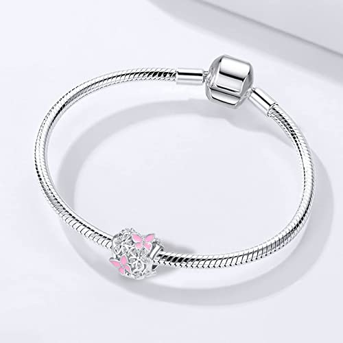 Butterfly Flower Garden Charm Magnolia Bloom Crystal Opennwork Enamel Bead for Pandora Charm Bracelet - style: Pink Butterfly Flower