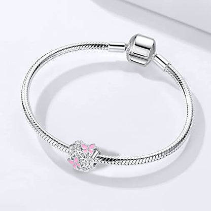 Butterfly Flower Garden Charm Magnolia Bloom Crystal Opennwork Enamel Bead for Pandora Charm Bracelet - style: Pink Butterfly Flower
