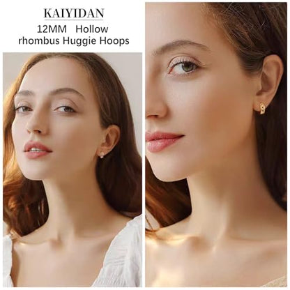 2 Pairs Gold/Silver Hoop Earrings For Women Set Trendy,14K Plated Gold Chunky Huggie Hoop Earings Pack,Oval Twisted Statement Silver Hoops,Fashion Jewelry Gift - color: 18) small hollow rhombus hoop