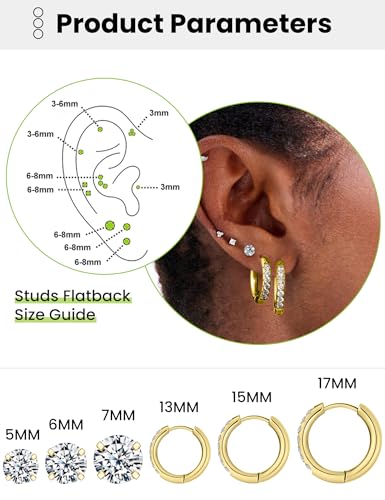 5 Pairs Huggie Hoop Earrings, Cubic Zirconia 14K Gold-Plated 316L Surgical Steel, Hypoallergenic Lightweight Design for Women & Men Cartilage & Multi-Piercing Stacking(13-21mm) - color: L+gold