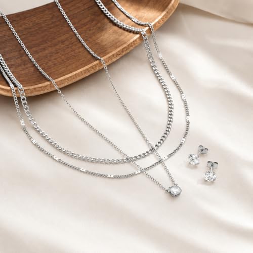 14K Gold Plated Necklace and Earrings Set for Women, 4-Piece | Layered Choker Necklace with CZ Stud Earrings, Gold Jewelry Set, Hypoallergenic Jewelry Gift for Women - color: Silver