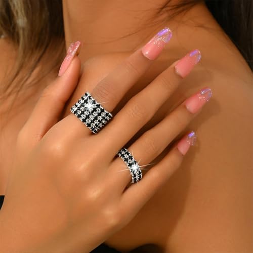 Fashion Silver Bling Rhinestone Crystal Stretch Rings Set for Women | Sparkly Rhinestone Elastic Finger Nail Ring Glitter Stretchy Stack Statement Knuckle Rings Cocktail Jewelry Accessories Pack - color: Black-1