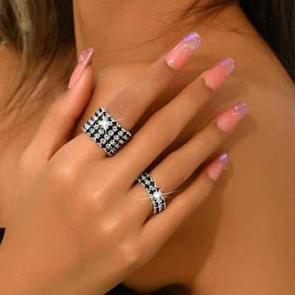 Fashion Silver Bling Rhinestone Crystal Stretch Rings Set for Women | Sparkly Rhinestone Elastic Finger Nail Ring Glitter Stretchy Stack Statement Knuckle Rings Cocktail Jewelry Accessories Pack - color: Black-1