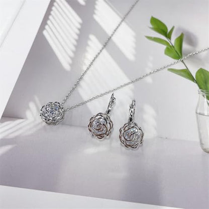 Rose Flower Jewelry Sets for Women Dainty Blooming Filigree Flower Austrian Crystal Choker Necklace Earring Set for Wedding Valentine Fashion Jewelry for Brides Bridesmai - color: Silver