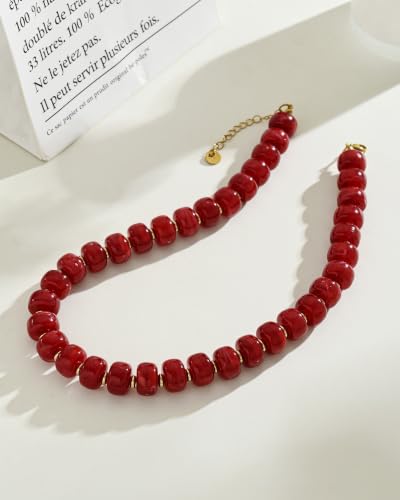 Boho Colorful Chunky Beaded Necklace for Women Trendy Resin Statement Choker Necklaces Summer Beach Style Womens Vacation Fashion Jewelry Gifts Accessories - color: Bright Red