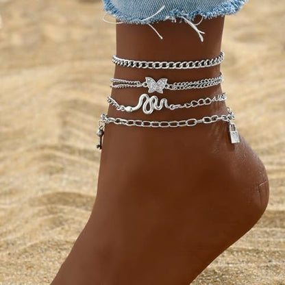 4 Pcs Layered Silver Tone Anklets for Women Trendy Butterfly Snake Lock Key Charms Ankle Bracelets Set Adjustable Summer Beach Vacation Foot Jewelry