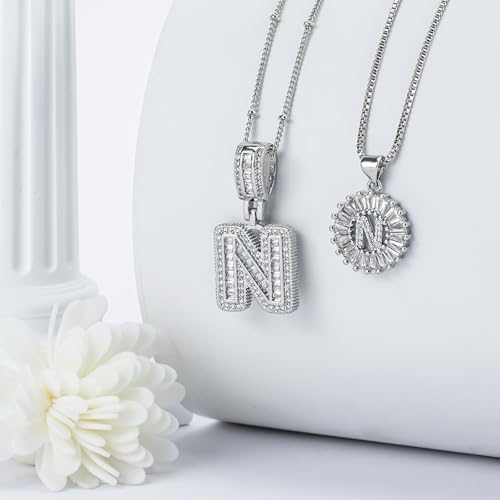 14K Gold Plated Alphabet Necklace Cubic Zirconia Letter Pendant, Personalized Name Jewelry Gift for Women, Customizable A-Z, Birthday/Mothers Day Gifts for Womens - color: White Gold, style: Style-N