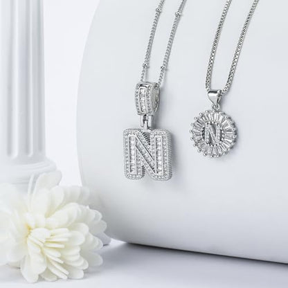 14K Gold Plated Alphabet Necklace Cubic Zirconia Letter Pendant, Personalized Name Jewelry Gift for Women, Customizable A-Z, Birthday/Mothers Day Gifts for Womens - color: White Gold, style: Style-N