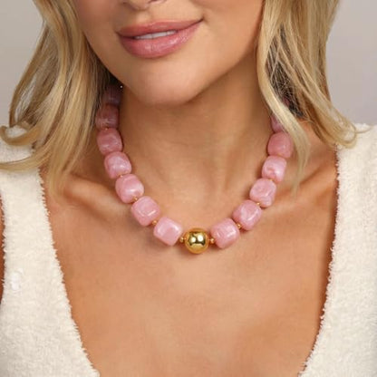 Chunky Colorful Beaded Choker Necklace for Women, Summer Beach Statement Resin Beads Necklace, Trendy Womens Summer Beach Jewelry Birthday Gifts for Vacation Holiday - color: Square Soft Pink Bead