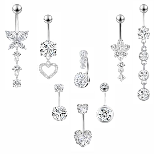 LEE&RO Belly Button Ring Dangle Stainless Steel Belly Rings 14G Belly Button Piercing Cute Navel Ring Belly Piercing Jewelry - style: 8Pcs-Silver