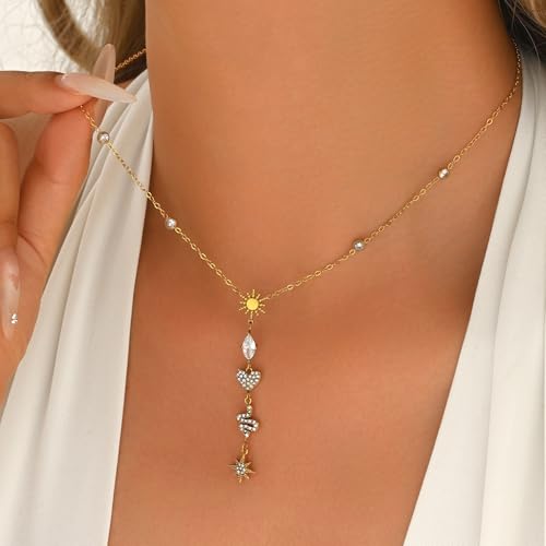 Lariat Necklaces for Women 18K Gold Plated Cubic Zirconia Heart Necklaces Dainty Star Lightning Sun and Moon Necklace Trendy Y Shaped Drop Diamond Necklace - color: Sun Heart Snake Star Y Necklace-Gold