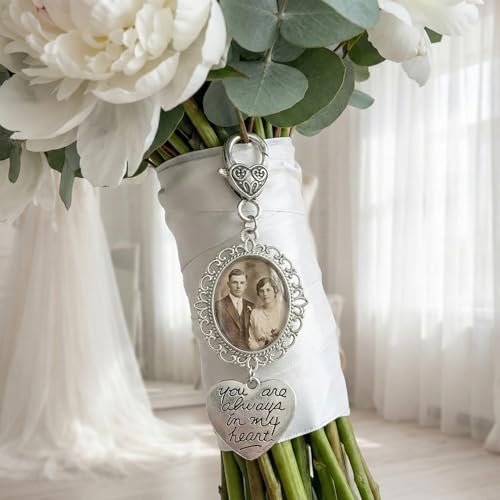 Wedding Bouquet Photo Charms Locket for Bride Memorial Picture Charm Clip for Bridal Boquet Groom or Loved One Memory Pin Accessories to Attach to Flowers Walking Down the Aisle