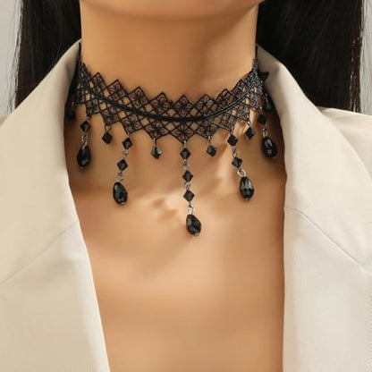 Qceasiy Gothic Black Necklace for Women, Adjustable Victorian Velvet Lace Collar, Halloween Party Cosplay Jewelry Gift - style: Mesh Pendant