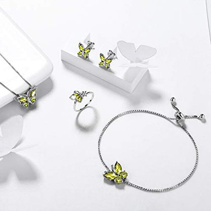 Aurora Tears Butterfly Jewelry,Women 925 Sterling Silver Butterflies Birthstone Pendant Necklace/Earrings/Rings Wedding Gift - color: H.August-set 3
