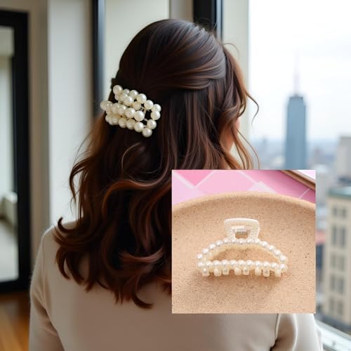 1Pc White Large Hair Clip for Thick Hair, Girls Claw,Big Hair Clips Hair Claws for Thin, Hair Claws Clips For Hair,Faux Pearl Claw Clips,Neutral Hair Clips Large Jaw Clip