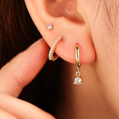 Freekiss 3 Pairs Hoop Earrings Set - Dainty Stud Dangle Cartilage for Women | Hypoallergenic Earrings, Cubic Zirconia Stackable Trendy Small Set Jewelry Gifts for Women - style: Rounded cz-GD