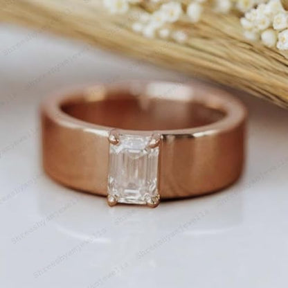 Emerald Cut Moissanite Ring Bridal Stacking Band 14K Rose Gold Cigar Band Birthday Gift Thick Wide Band Vintage Wedding Band For Women By SHREESHYAMJEWELLS