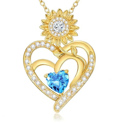 Midari Sunflower Necklace 18k Gold Plated Heart with Brithstone You Are My Sunshine Necklace Anniversary Birthday Sunflower Jewelry Gift for Women Wife Mom - color: 03-March