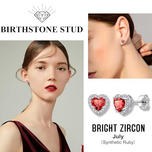 Bestyle Sparkling 925 Sterling Silver Birthstone Stud Earrings for Women, Heart/Round/Teardrop/Square Solitaire Diamond Studs Earrings, Great Birthday/Christmas Gifts - style: 07. Red Ruby-July-heart
