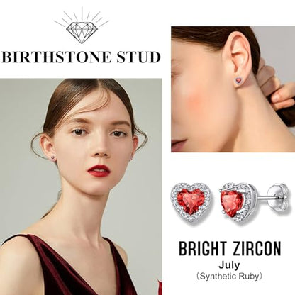 Bestyle Sparkling 925 Sterling Silver Birthstone Stud Earrings for Women, Heart/Round/Teardrop/Square Solitaire Diamond Studs Earrings, Great Birthday/Christmas Gifts - style: 07. Red Ruby-July-heart